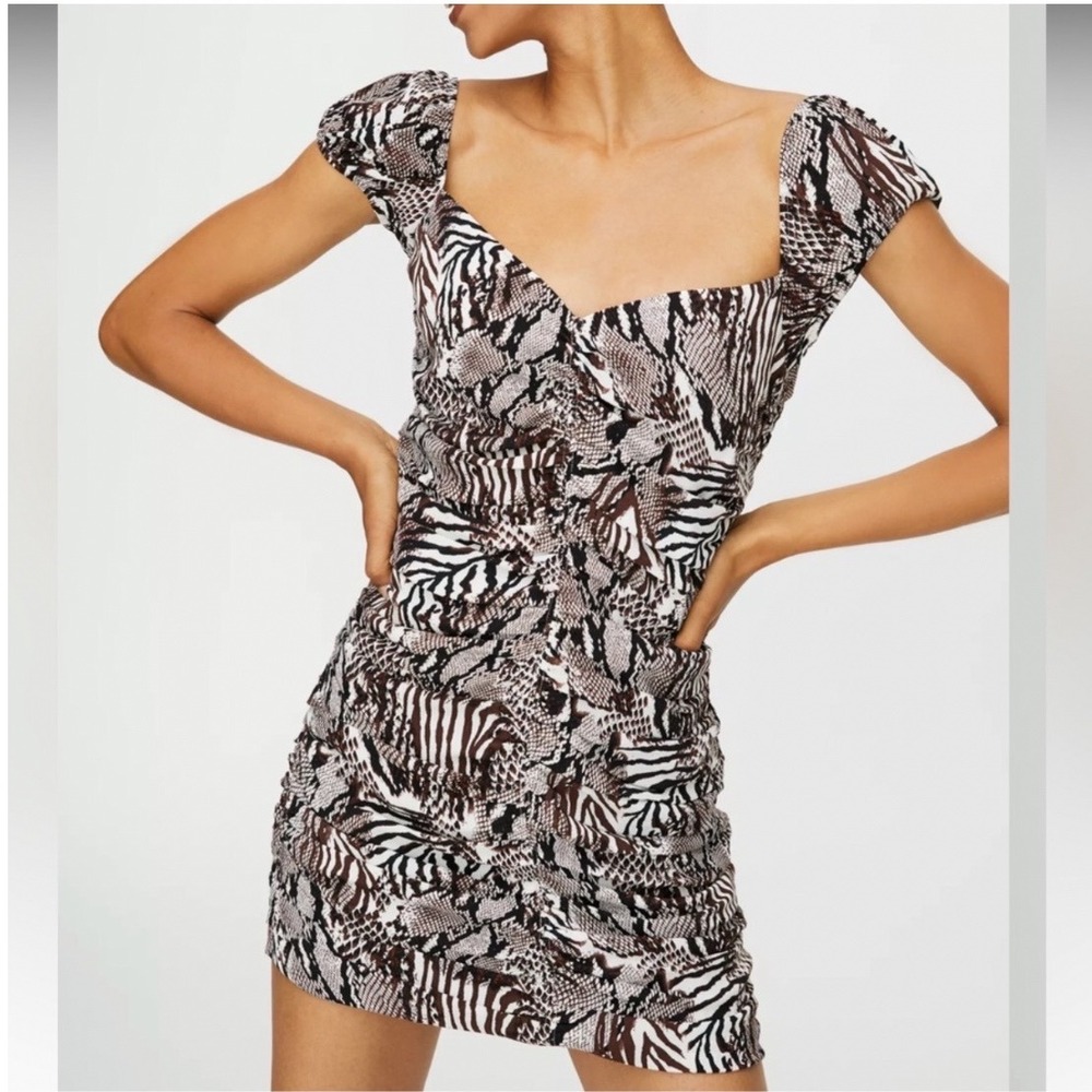 Aritzia Wilfred Veda Mini Dress Animal Print Brown Cream Ruched Cocktail Size 2